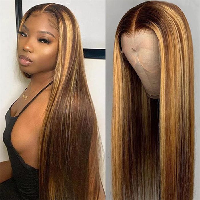 13x4 Highlight Lace Front Wig P4/27 Piano Color Straight Human Hair Wigs